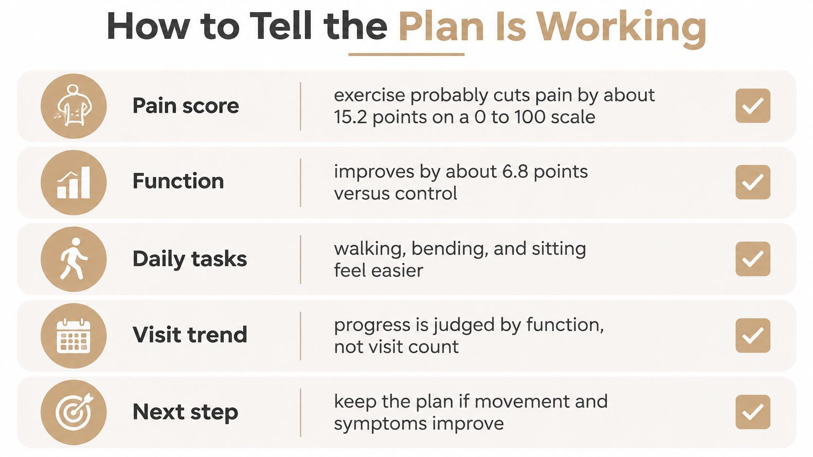 A list showing how to monitor progress in a recovery plan through pain, function, and daily tasks.