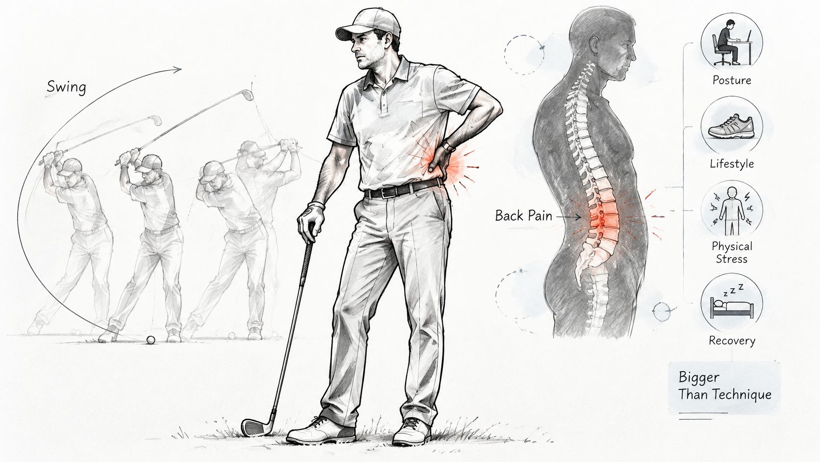 A golfer clutching his lower back in pain, illustrated alongside common factors contributing to chronic back pain.