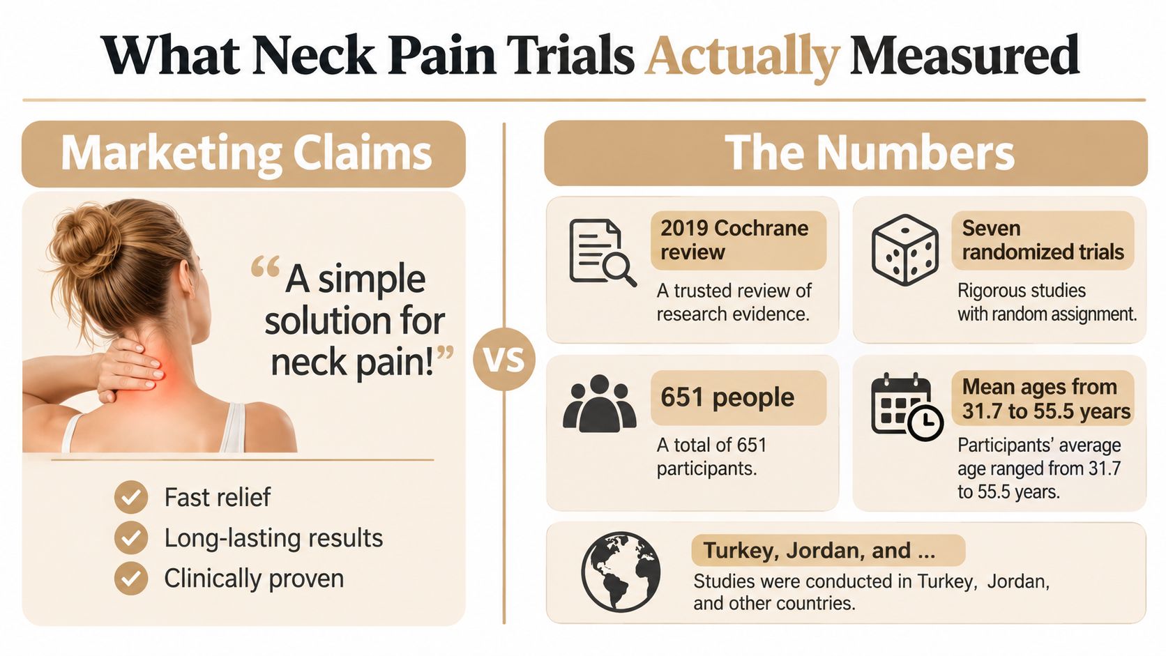 An infographic comparing marketing claims about neck pain relief with scientific data from clinical trials.