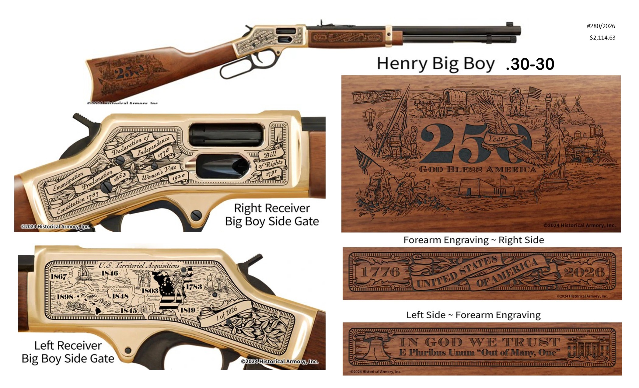The Gun is a Henry Big Boy .30-30 that is engraved on the stock, gate and forearm. The engravings are all about America and it's 250th year anniversary.