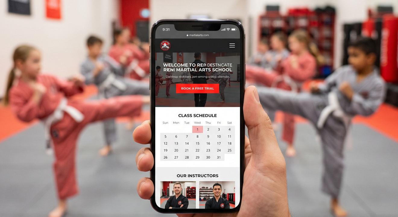 Smartphone displaying an engaging martial arts website in a vibrant dojo with students practicing | Kusanku Marketing Solutions