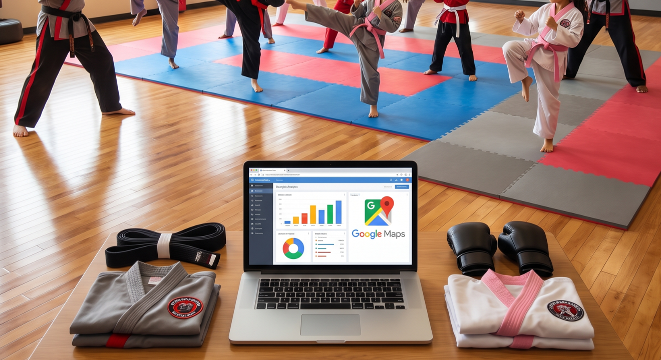 Engaging martial arts dojo scene showcasing students and SEO elements, vibrant colors highlighting community and learning | Kusanku Marketing Solutions