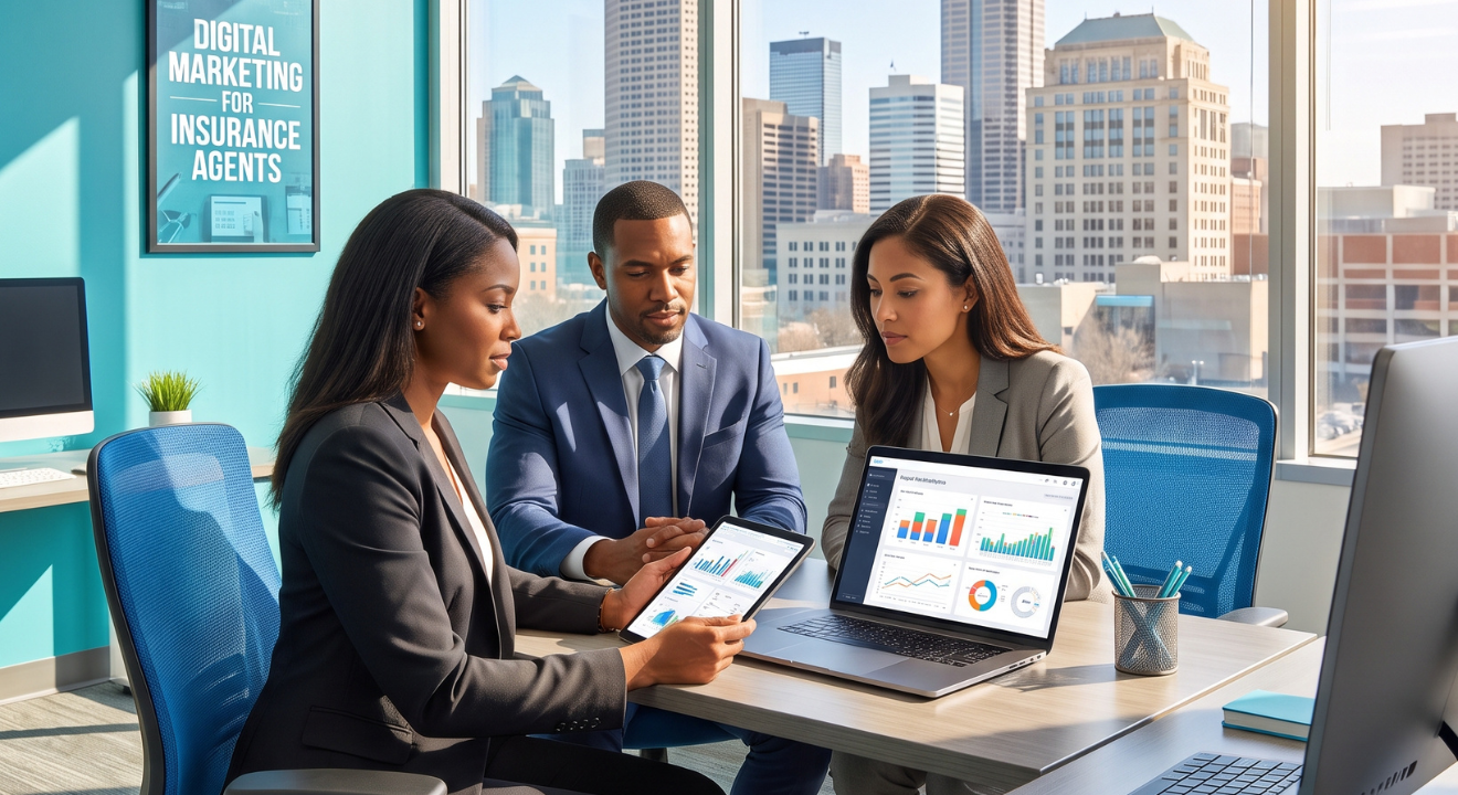 Diverse professionals analyzing marketing data in a modern office with Indianapolis skyline, highlighting digital marketing for insurance agents | Kusanku Marketing Solutions