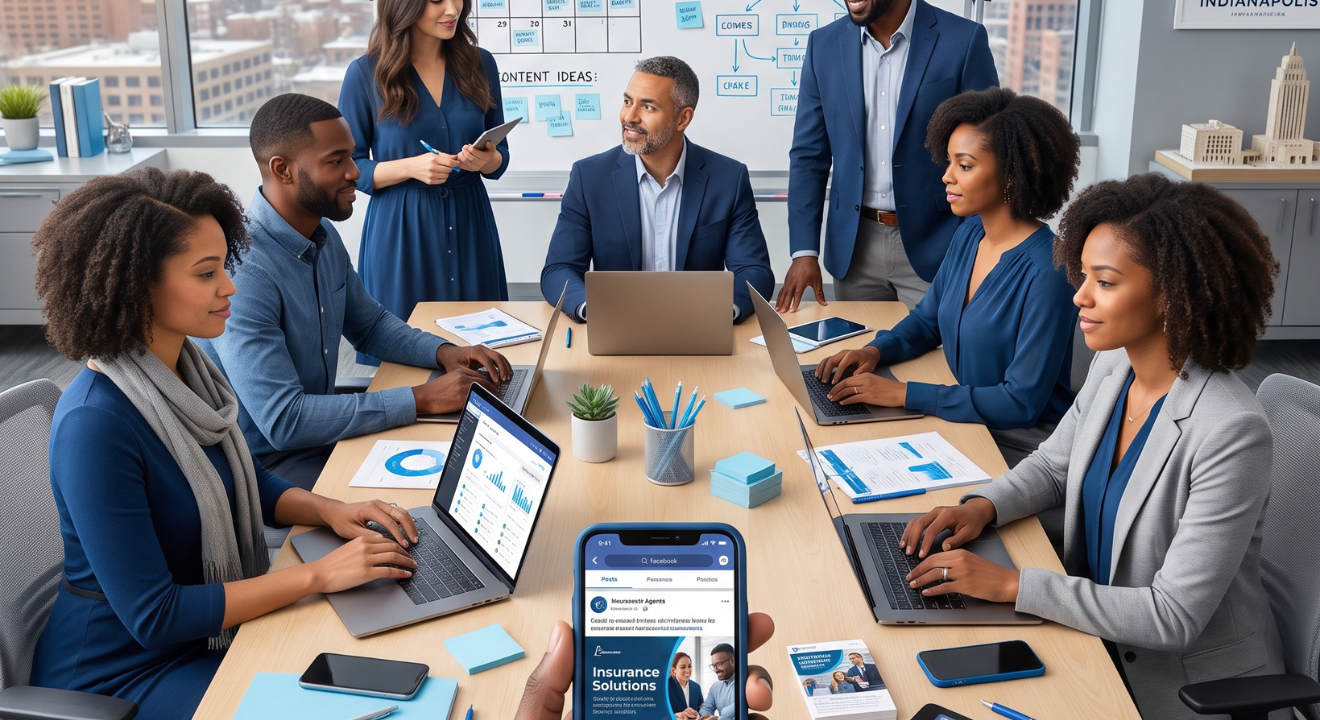 Diverse insurance agents collaborate on social media marketing in a bright, modern office with Indianapolis skyline | Kusanku Marketing Solutions