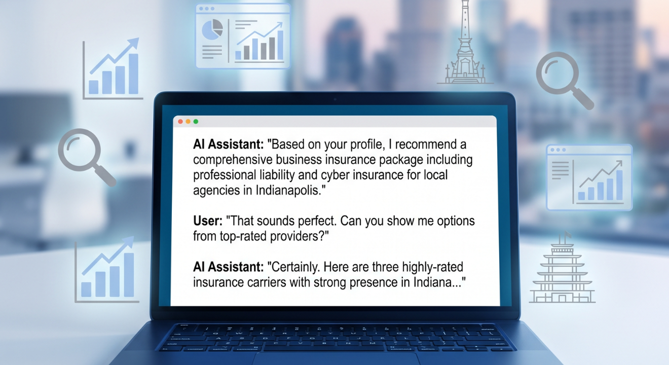 Workspace with laptop showing AI chat on insurance; digital marketing icons & Indianapolis skyline, reflecting innovation | Kusanku Marketing Solutions