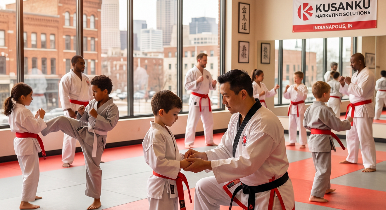 Vibrant martial arts class in urban Indianapolis dojo, diverse students in uniforms, showcasing energy and discipline | Kusanku Marketing Solutions