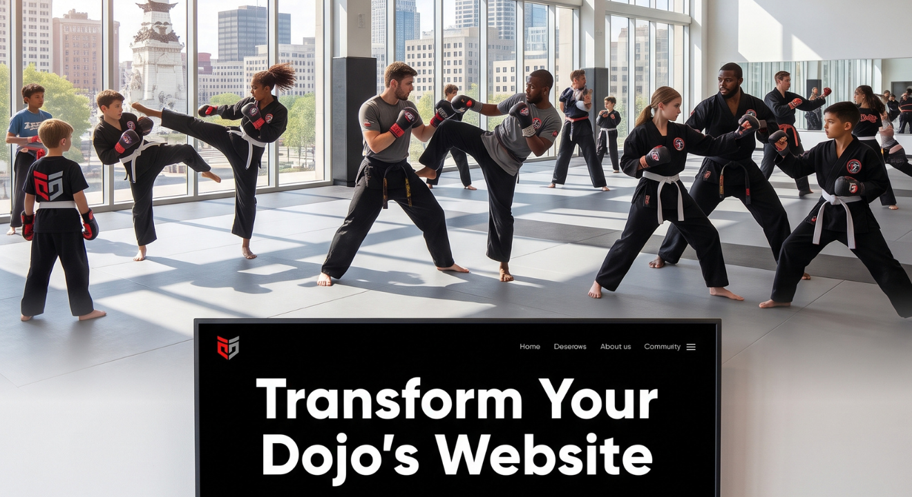 Dynamic training session in a modern dojo with diverse students, showcasing 'Transform Your Dojo's Website' on a screen | Kusanku Marketing Solutions
