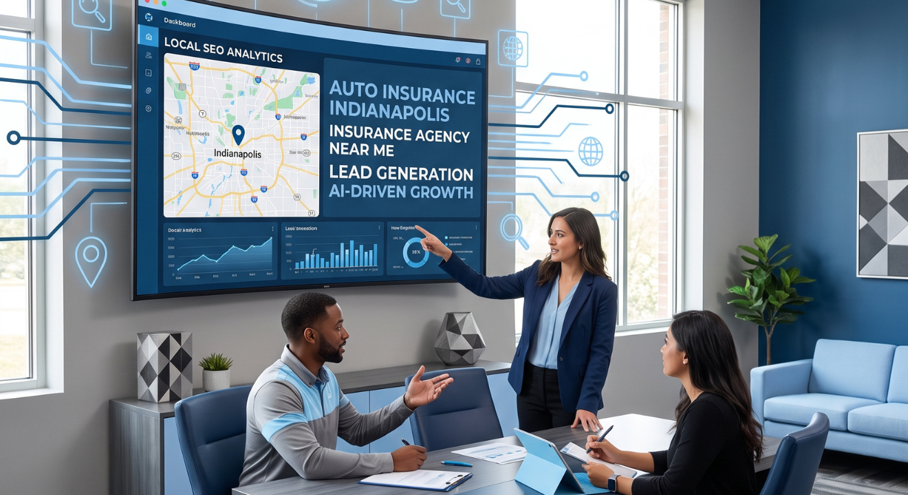 Modern digital marketing office for insurance agents displaying local SEO analytics on a large screen, promoting collaboration | Kusanku Marketing Solutions