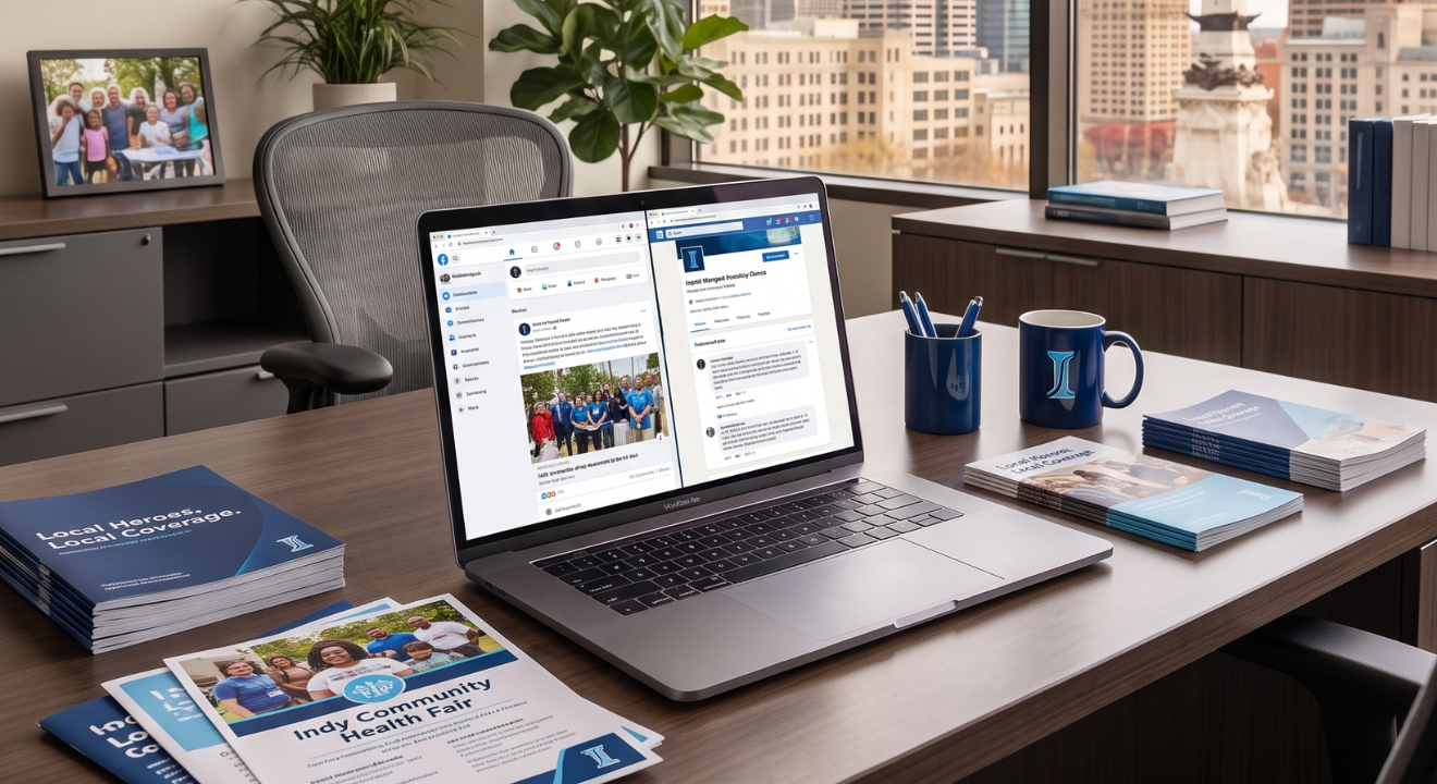 Modern insurance agency office in Indianapolis, showcasing a laptop with social media, brochures, and city skyline | Kusanku Marketing Solutions