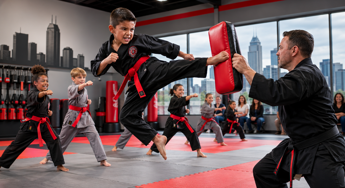 Dynamic martial arts class in a modern dojo, showcasing diverse students training with vibrant energy in Indianapolis | Kusanku Marketing Solutions
