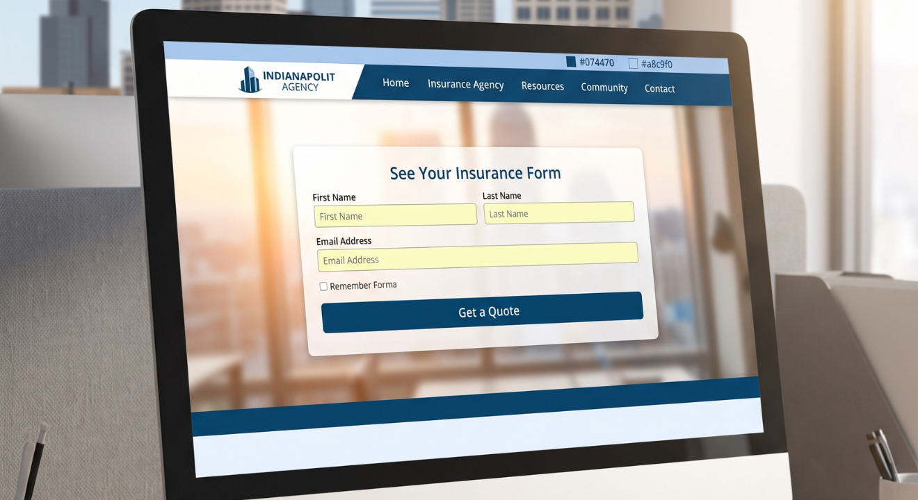 Sleek computer showcasing an insurance agency website design with Indianapolis skyline, highlighting 'Get a Quote' button | Kusanku Marketing Solutions