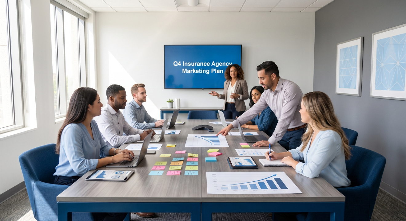 Diverse marketing team brainstorming in a bright conference room for Q4 insurance agency marketing plan | Kusanku Marketing Solutions