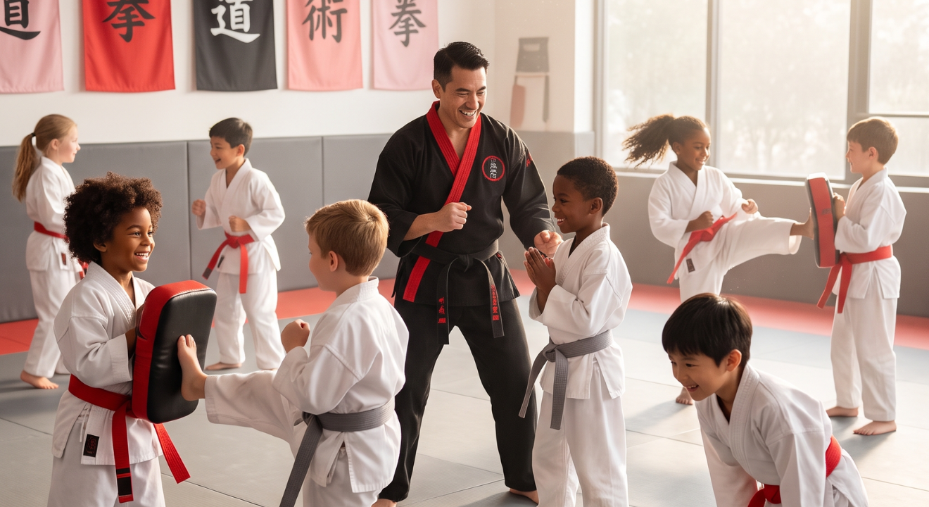 Diverse children practicing martial arts in a colorful dojo with an instructor, embodying teamwork and enthusiasm | Kusanku Marketing Solutions
