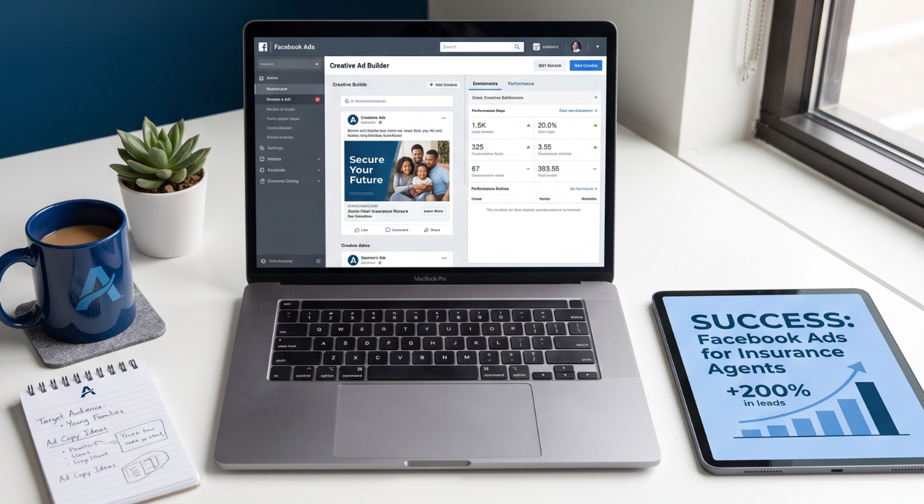 Diverse insurance agents collaborate in a modern office, analyzing vibrant Facebook Ads analytics on screens | Kusanku Marketing Solutions