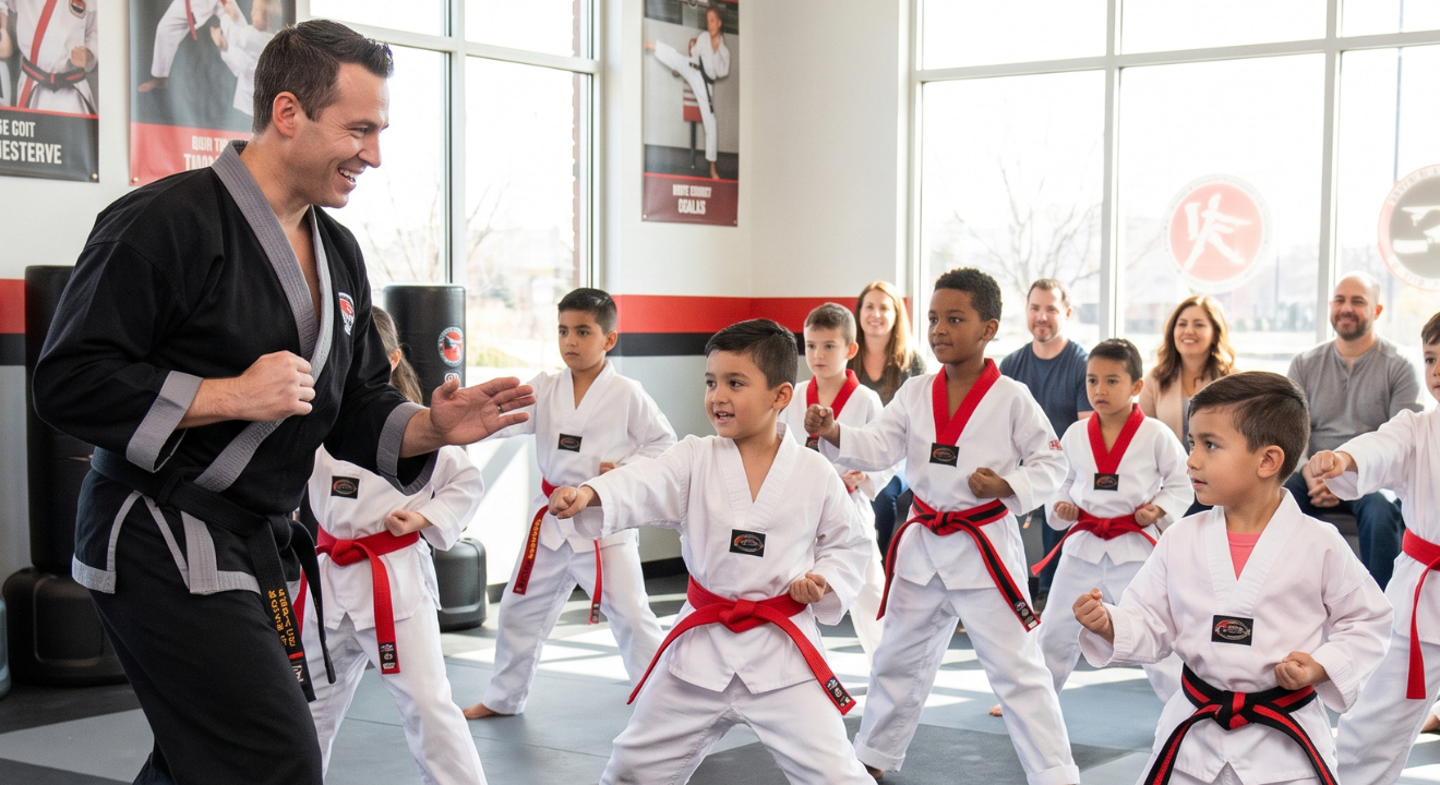 Engaged children practicing karate in a vibrant dojo, guided by a friendly instructor under bright natural light | Kusanku Marketing Solutions