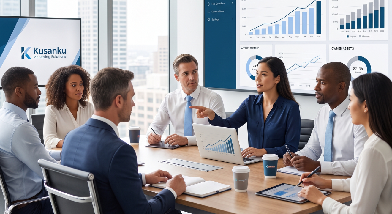 Diverse insurance professionals collaborating around a modern table with digital dashboard for lead generation strategy | Kusanku Marketing Solutions
