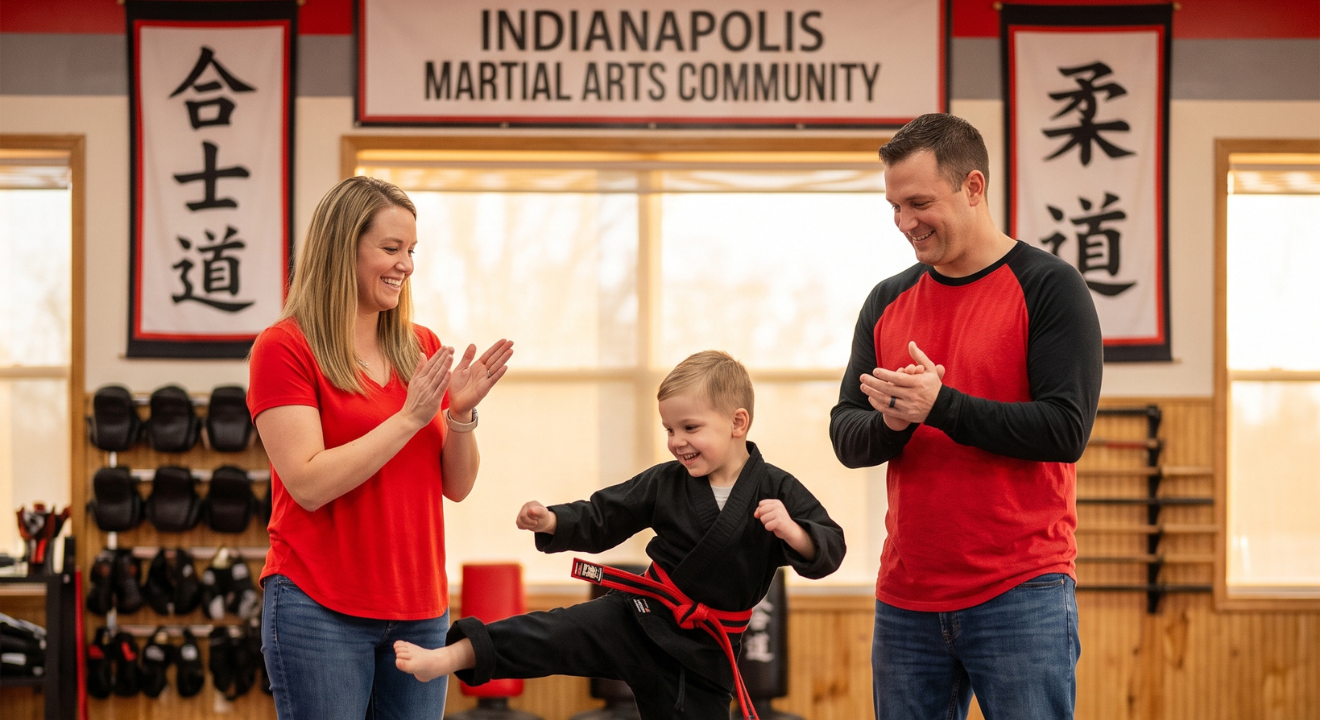 Family celebrating success in vibrant martial arts dojo, embodying joy and community spirit | Kusanku Marketing Solutions