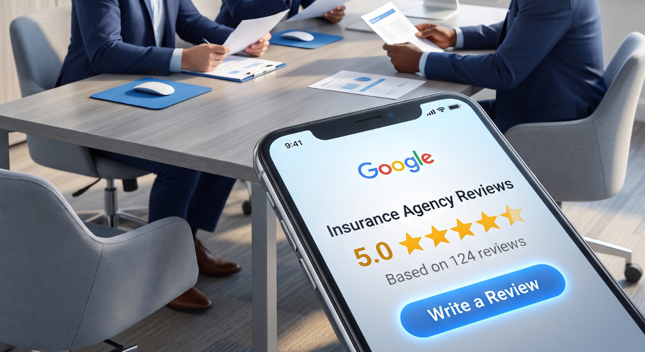 Smartphone displaying glowing Google reviews, with insurance agents discussing client feedback in a bright office | Kusanku Marketing Solutions