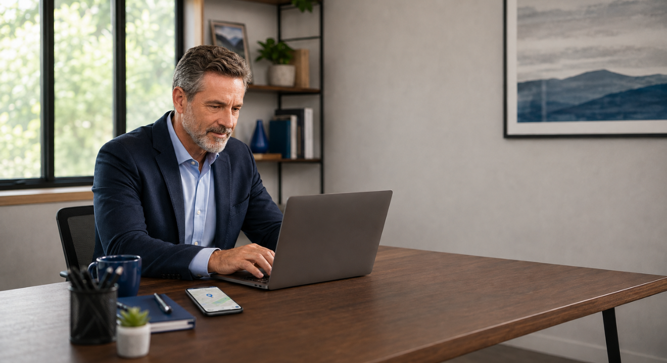 Insurance agent updating a Google Business Profile listing on a laptop in a small agency office | Kusanku Marketing Solutions