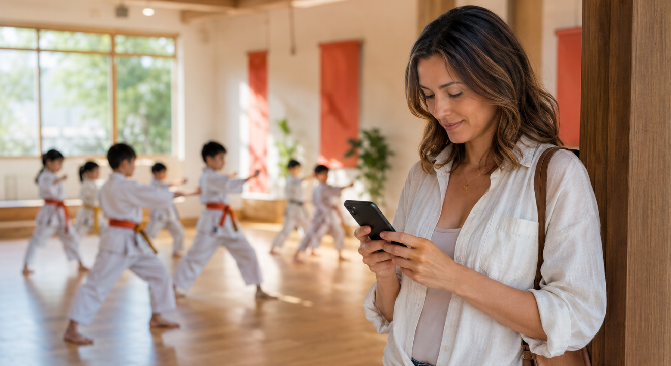 Parent looking at a martial arts school listing on a phone while children practice in a bright dojo | Kusanku Marketing Solutions