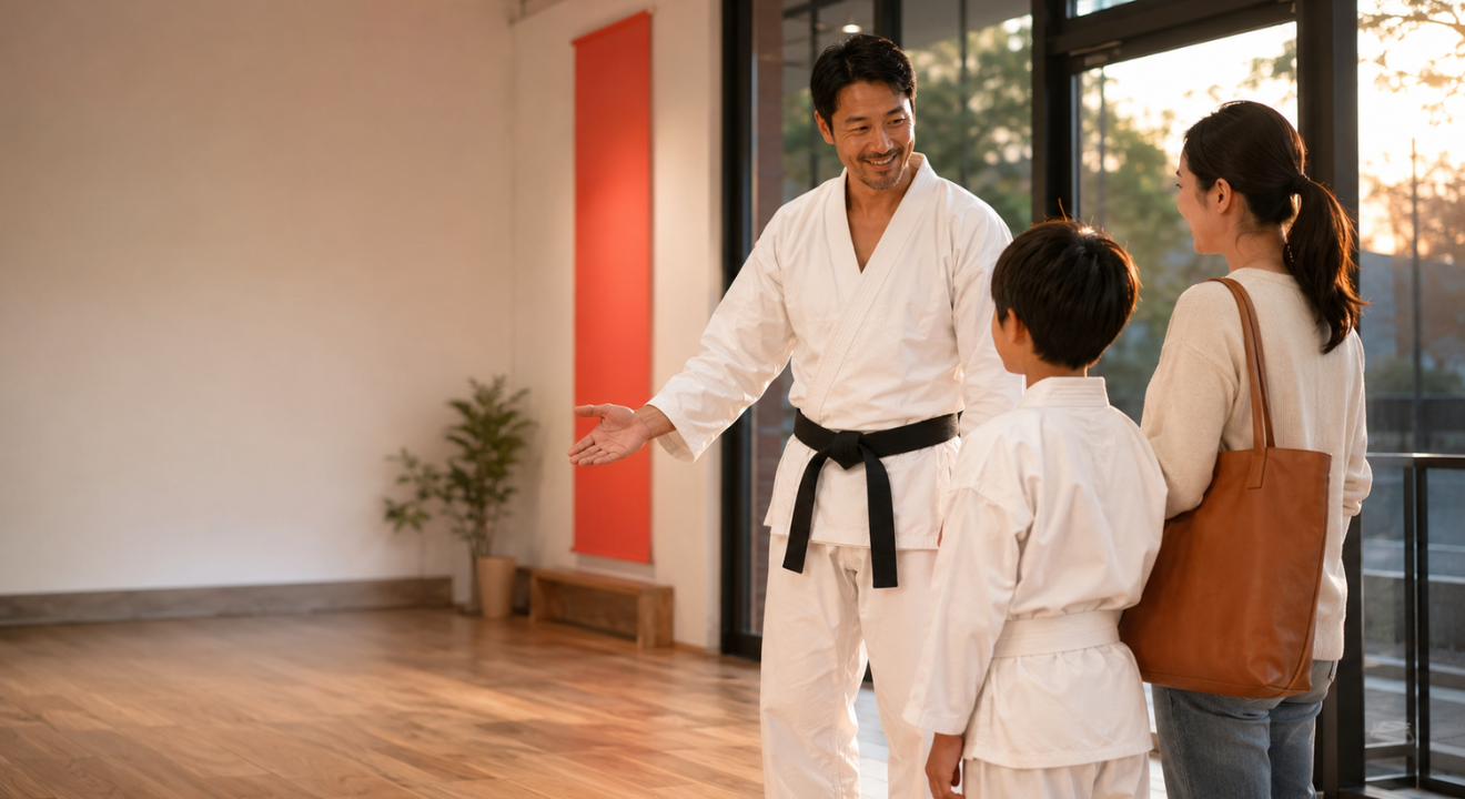 Martial arts instructor greeting a young student and parent at the door of a bright dojo during evening class