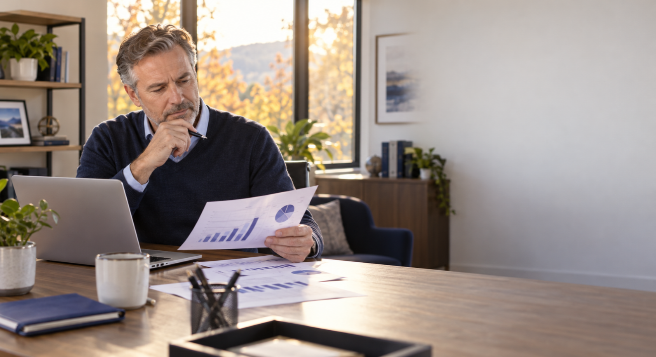 Insurance agency principal reviewing the year's marketing numbers at a desk in early autumn | Kusanku Marketing Solutions