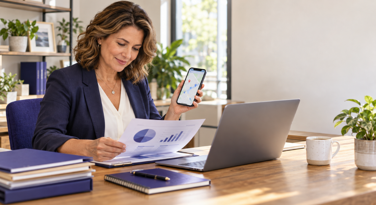 Independent insurance agency owner at her desk reviewing a marketing plan on a laptop, with her agency's Google listing open on a phone | Kusanku Marketing Solutions