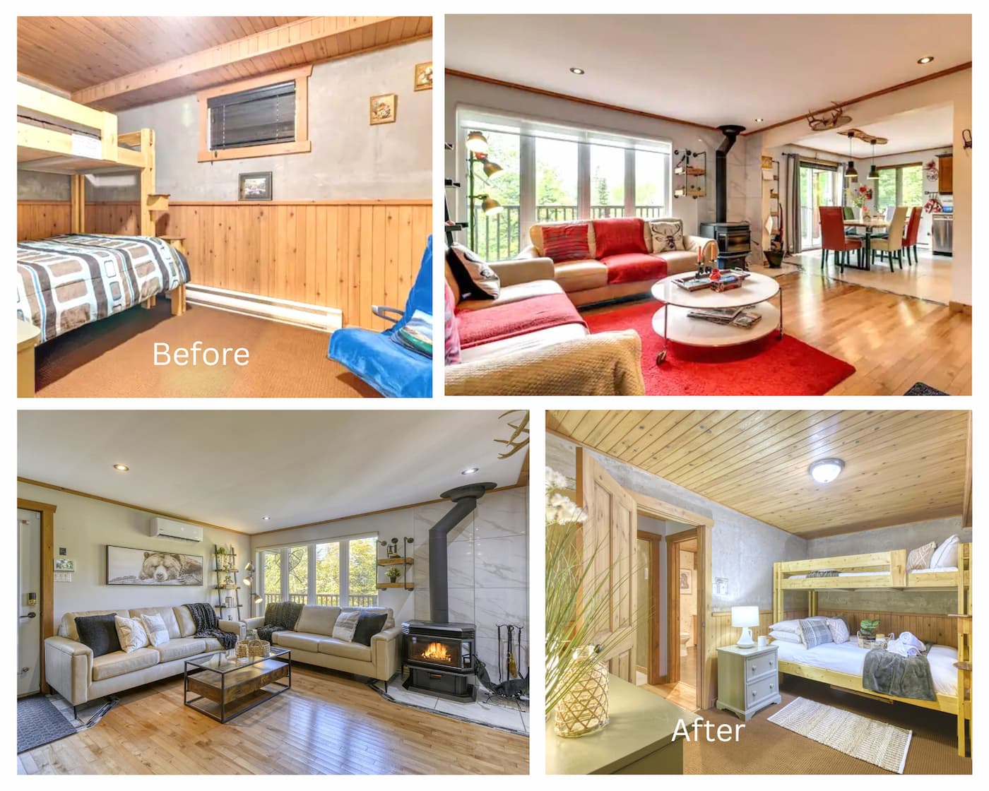 A collage of images showing the before and after redesign of a chalet, highlighting the transformation from a rustic, dated interior to a modern, bright living space and updated bunk bed area.