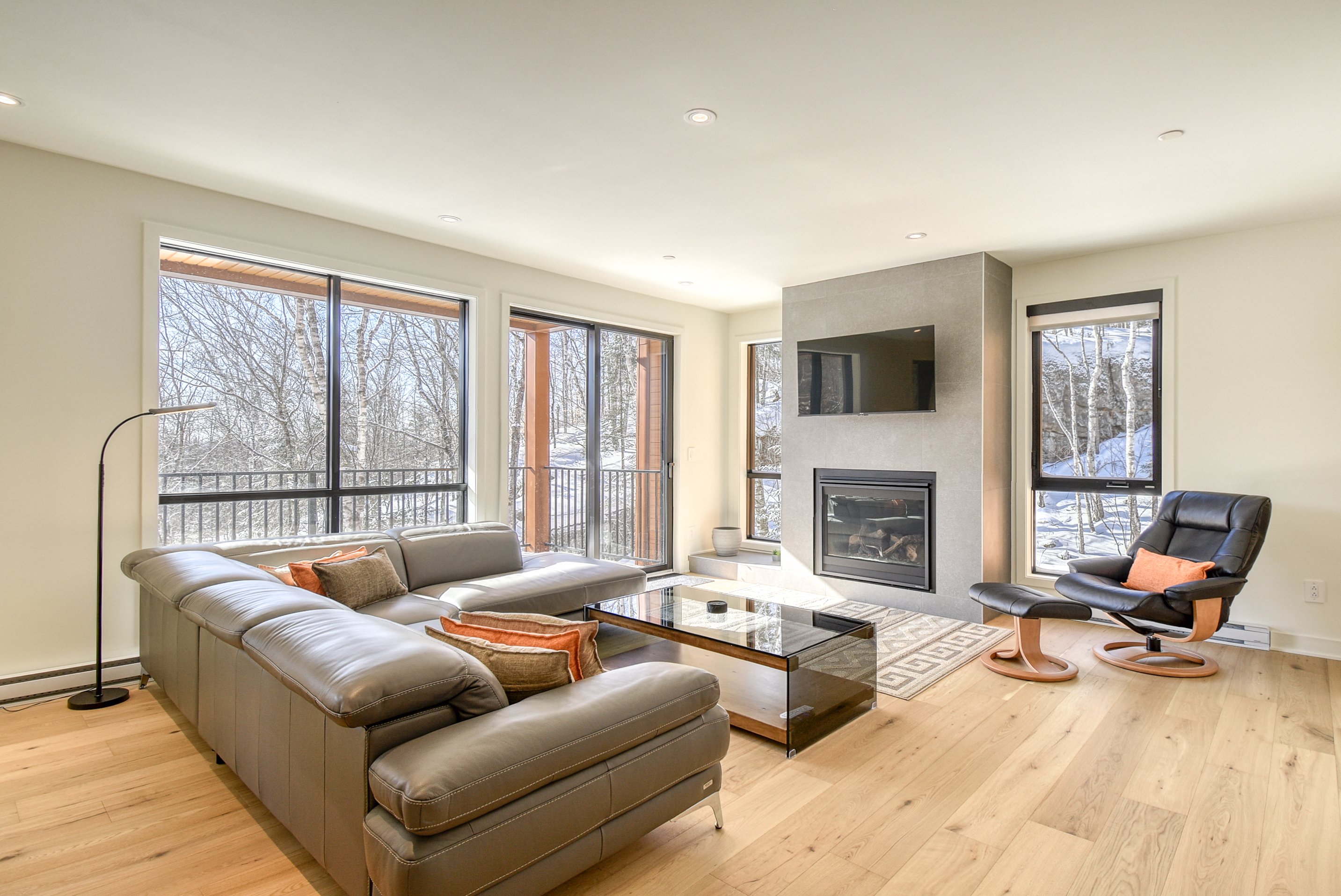 Salon lumineux avec canapé en cuir, foyer, et vue sur la forêt.
