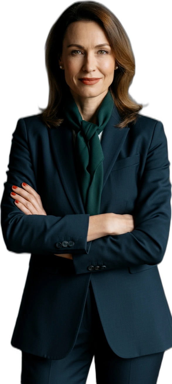 Professional woman with shoulder-length brown hair, wearing a dark suit and green scarf, standing with arms crossed and a confident expression