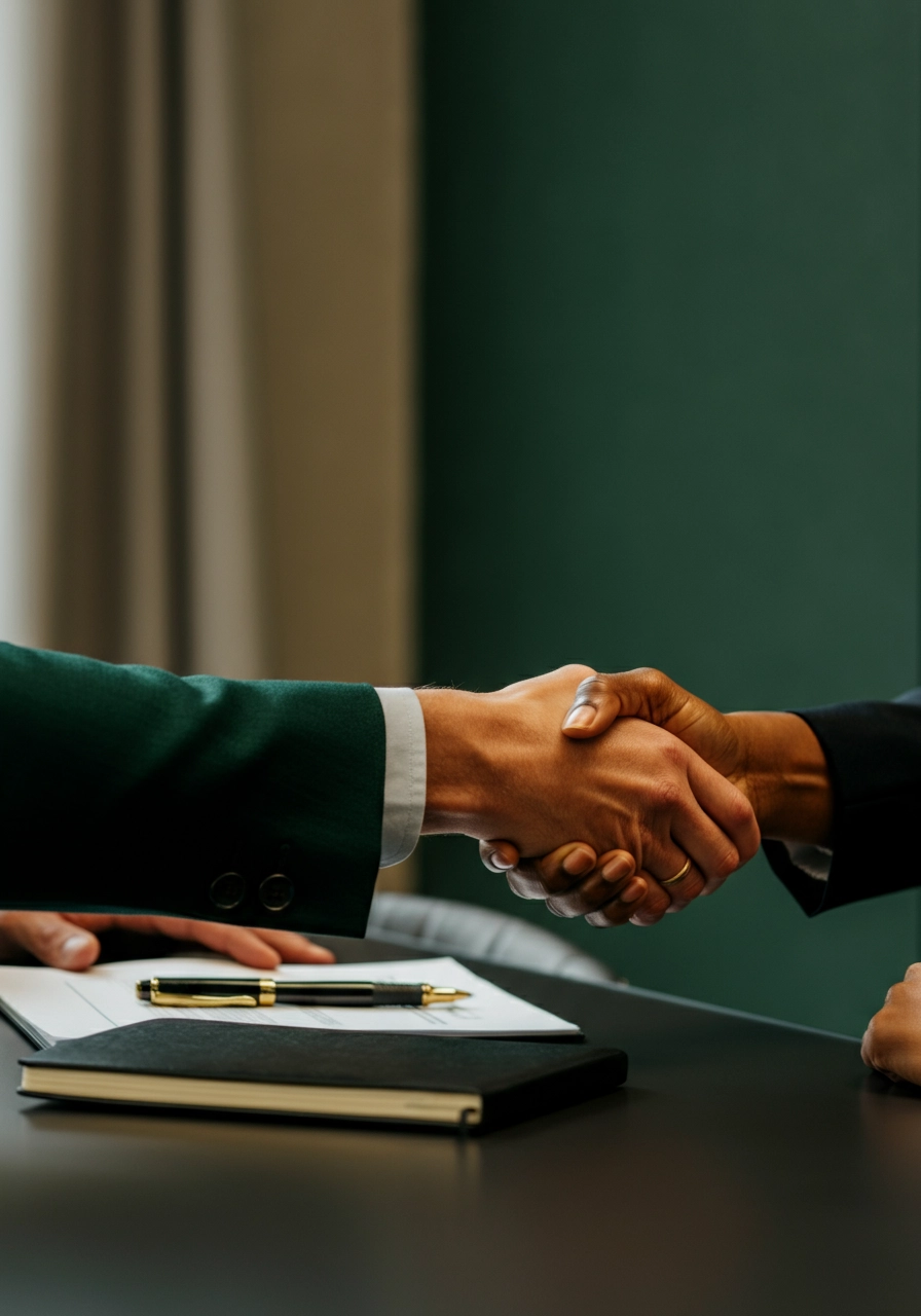 Close-up of a handshake between two people, one wearing a green sleeve and the other in a dark suit, with a notebook and pen on the table in the background.
