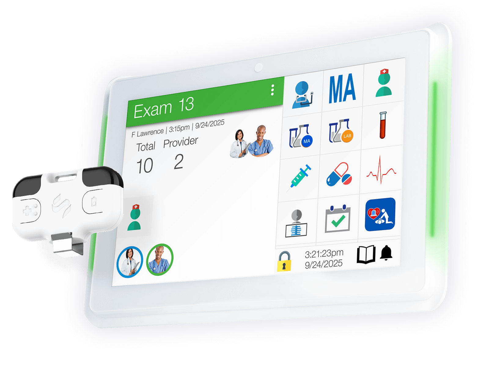 Medical tablet screen showing Exam 13 details with provider and total numbers, medical icons, and a portable device displaying Alejandro Rodriguez's ID badge from Springville Clinic.