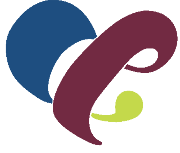 Abstract logo with overlapping shapes in blue, maroon, green, and black.