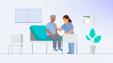 A nurse using a stethoscope to check a man's heartbeat in a medical examination room.