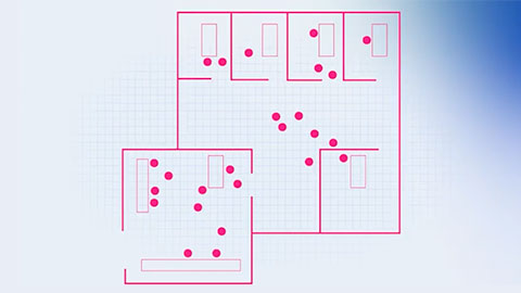 Floor plan layout with several rooms and pink dots scattered throughout representing data points or locations.