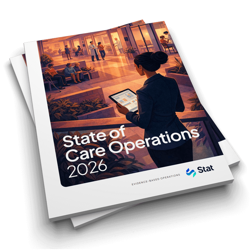 Cover of a report titled 'State of Care Operations 2026' showing a woman holding a tablet with medical data in a healthcare facility lobby.