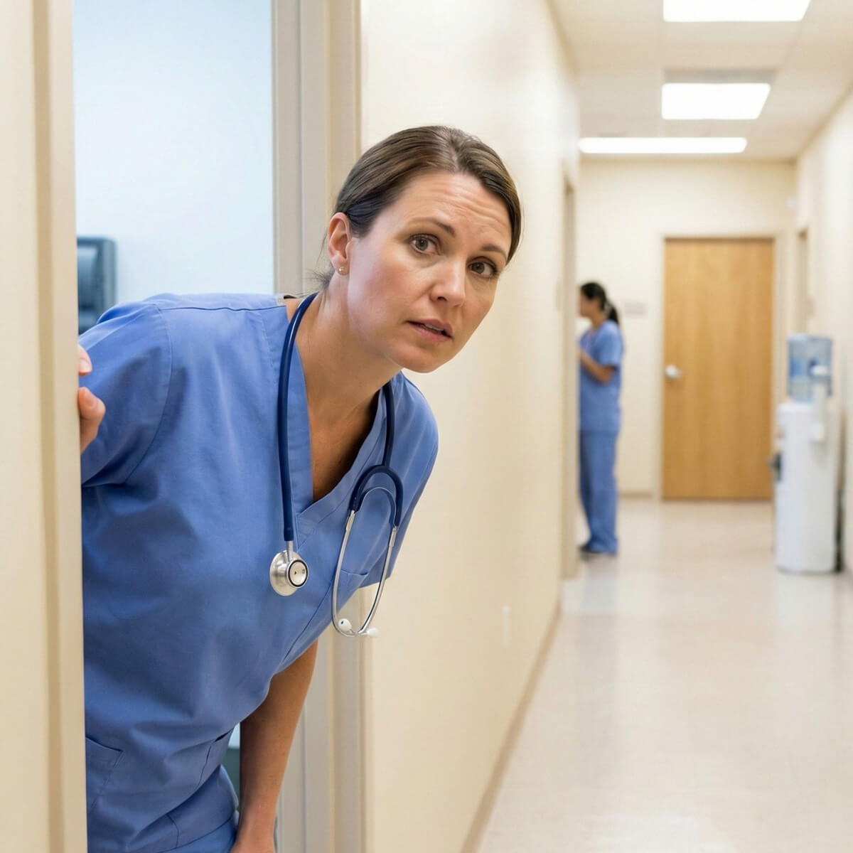 Female nurse in blue scrubs with stethoscope peeking around a door in a medical hallway with another nurse in the background.