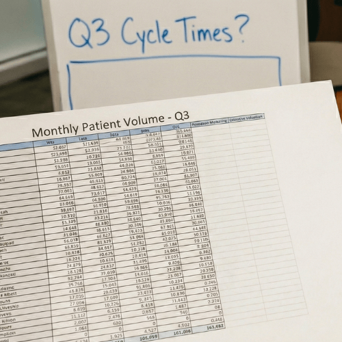 Printed spreadsheet titled 'Monthly Patient Volume - Q3' showing detailed weekly data with columns for lab, data, and percentages.
