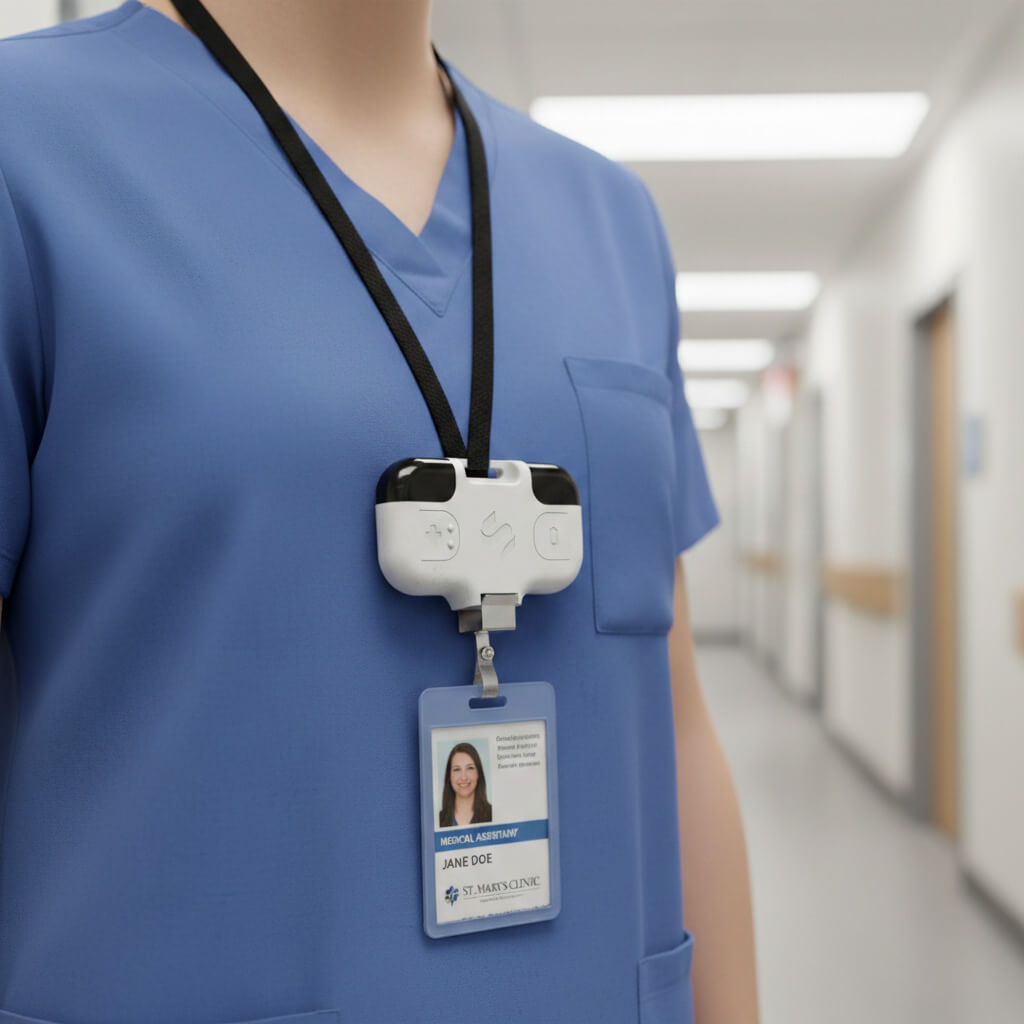 Medical assistant wearing blue scrubs with a badge labeled Jane Doe from St. Mary’s Clinic attached to a black lanyard.