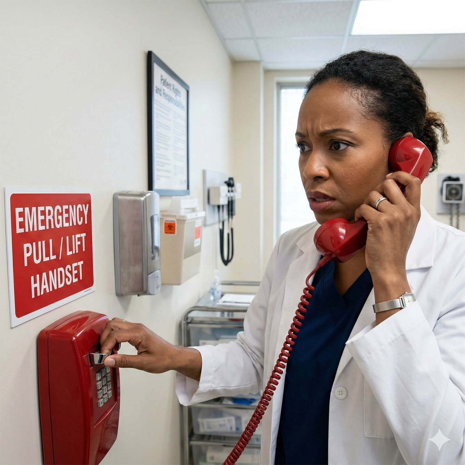 Concerned female doctor in a white coat using a red emergency wall phone in a medical facility.