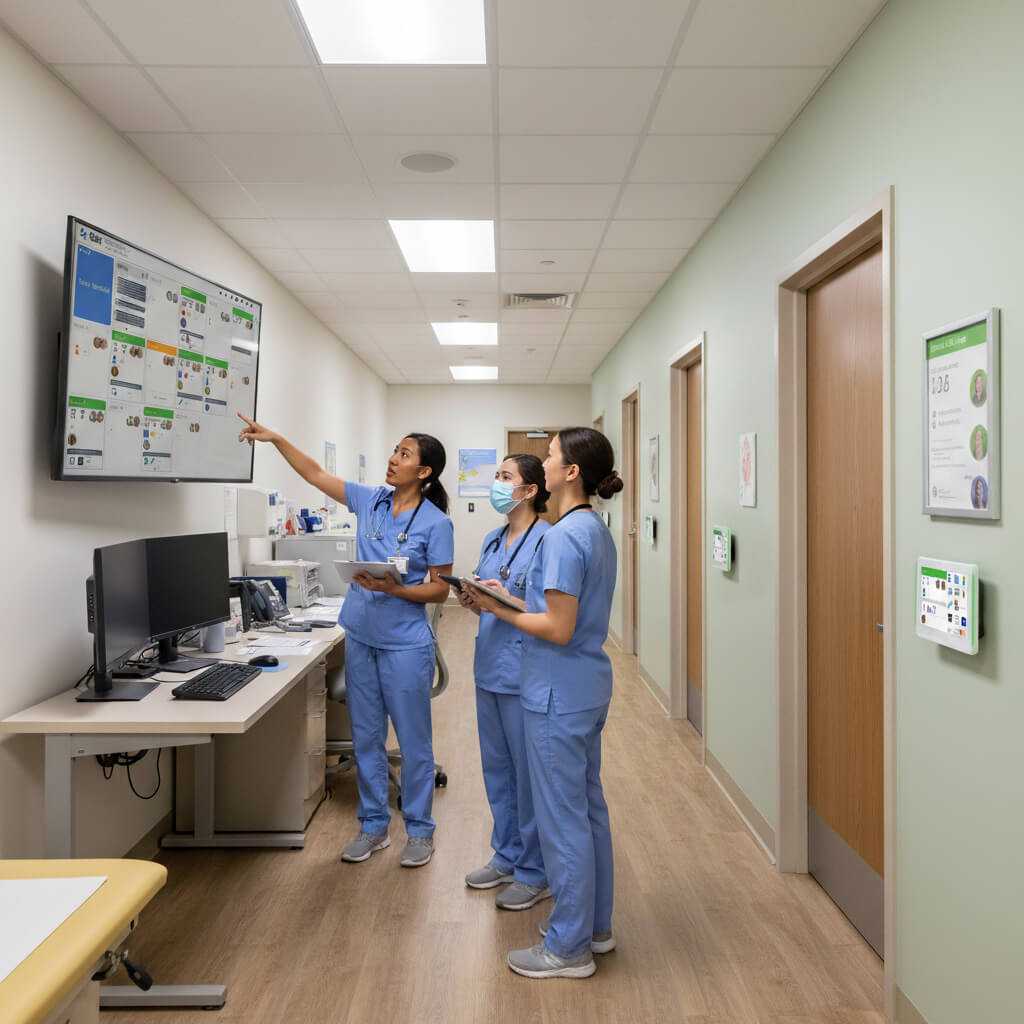 Three healthcare workers in blue scrubs reviewing patient information on a wall-mounted screen in a hospital hallway.