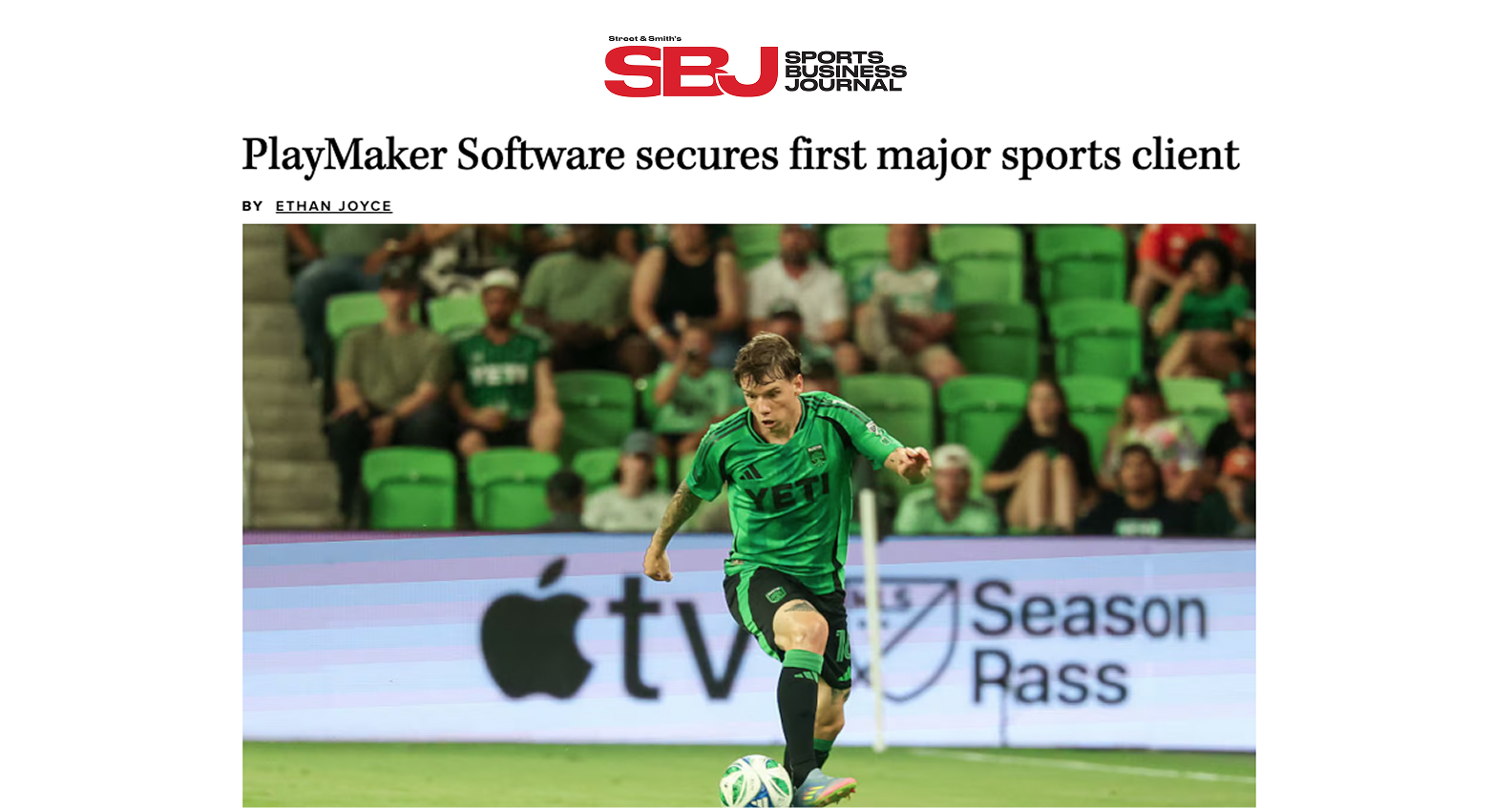Austin FC Sports Business Journal article with title and image of player