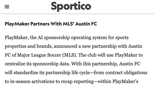 Screenshot of Sportico article highlighting PlayMakers new partnership with Austin FC
