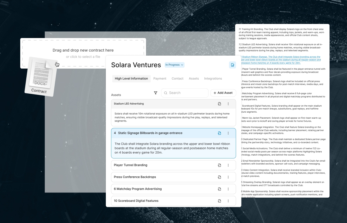 Digital contract management interface showing a drag-and-drop area for new contracts, contract file icon, and a detailed contract overview for Solara Ventures with assets listed like social media posts, signage billboards, e-newsletters, and digital signage.