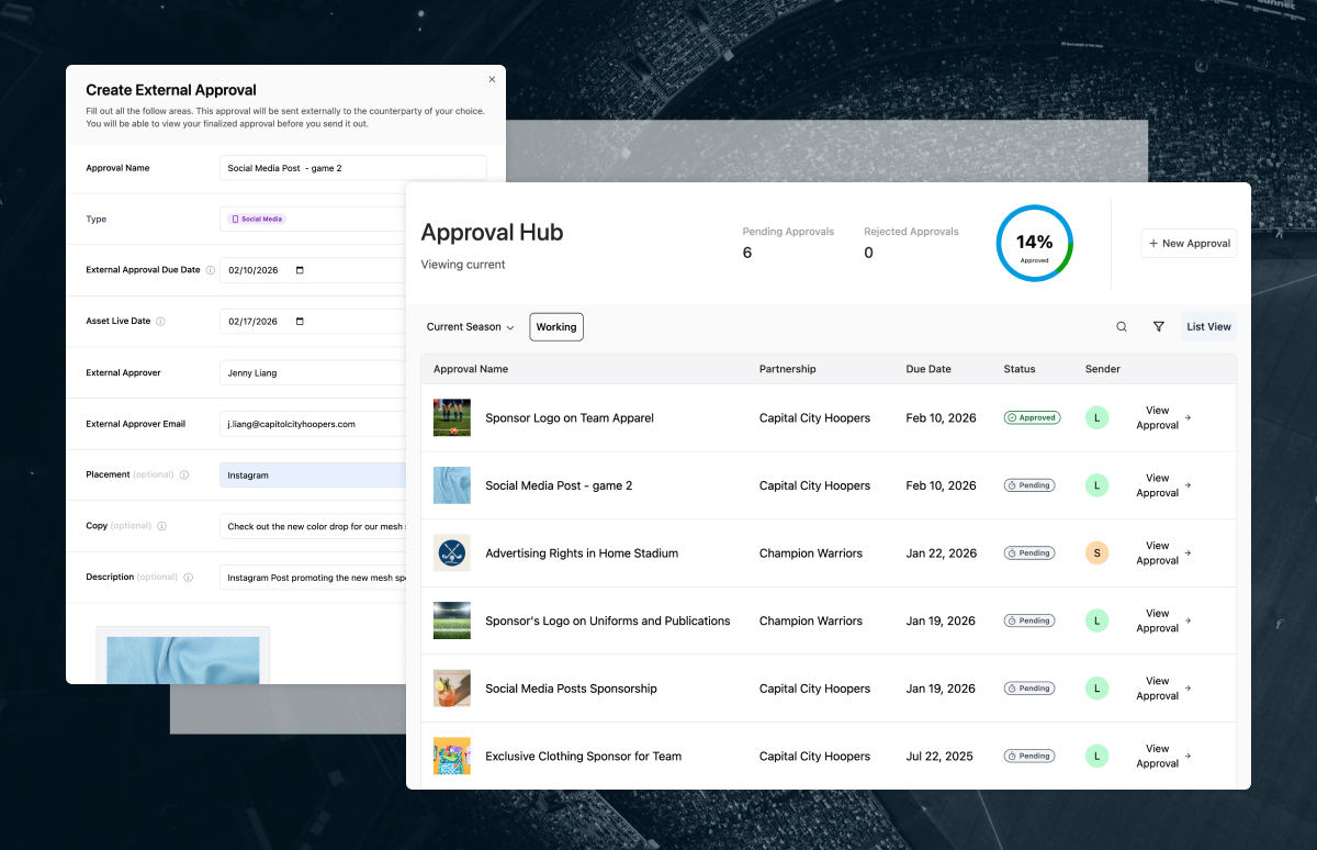 User interface showing an Approval Hub dashboard listing sponsorship approval tasks with names, partnerships, due dates, statuses, and sender initials, alongside a Create External Approval form filled for a social media post.