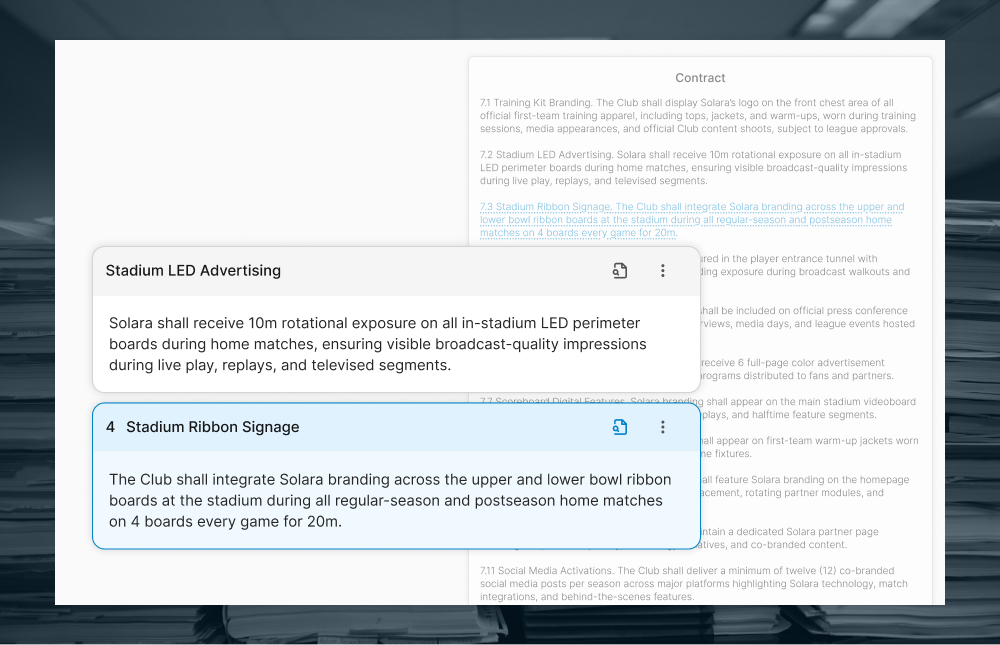 Contract excerpt highlighting Stadium LED Advertising and Stadium Ribbon Signage clauses about Solara branding and advertising exposure at stadium during games.