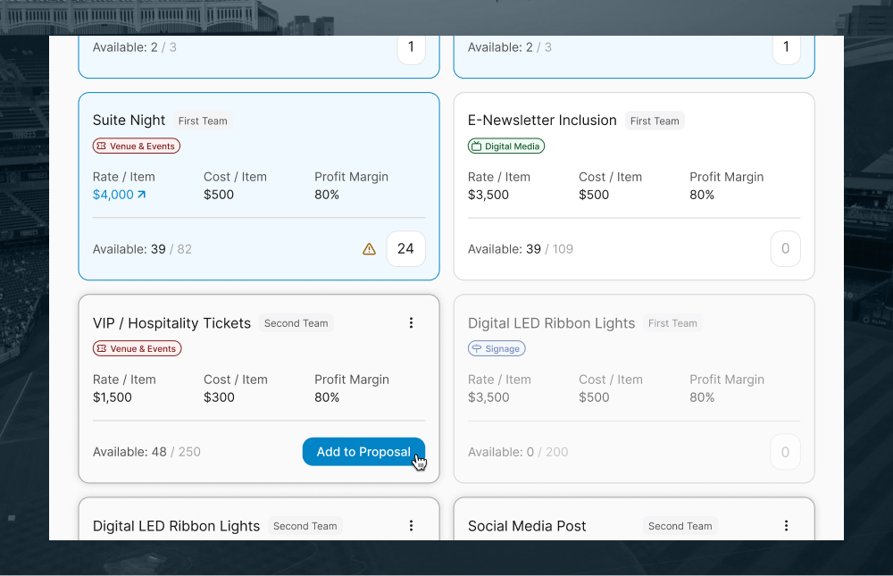 Dashboard showing event and media items with details: Suite Night and E-Newsletter Inclusion from First Team, VIP/Hospitality Tickets and Digital LED Ribbon Lights from Second Team, including rates, costs, profit margins, availability, and an Add to Proposal button.
