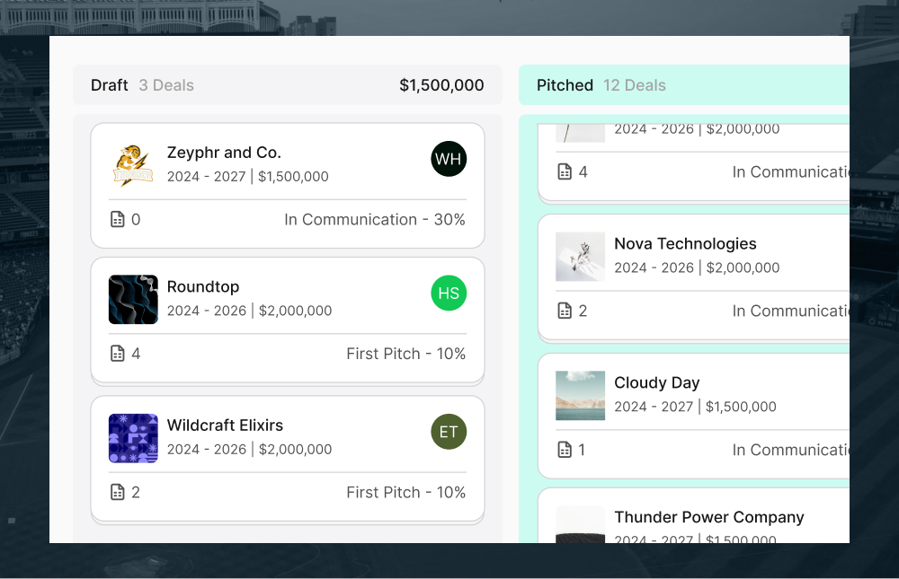 Dashboard interface showing Draft and Pitched business deals with company names, deal years, amounts, communication status, and progress percentages.