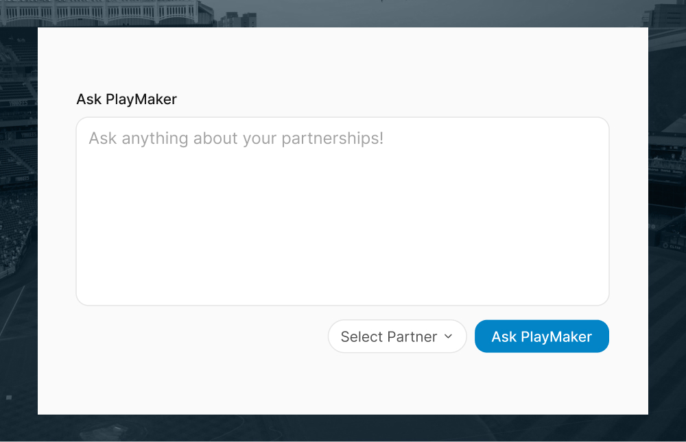 User interface for asking PlayMaker questions about partnerships with a text input box, partner selection dropdown, and Ask PlayMaker button.