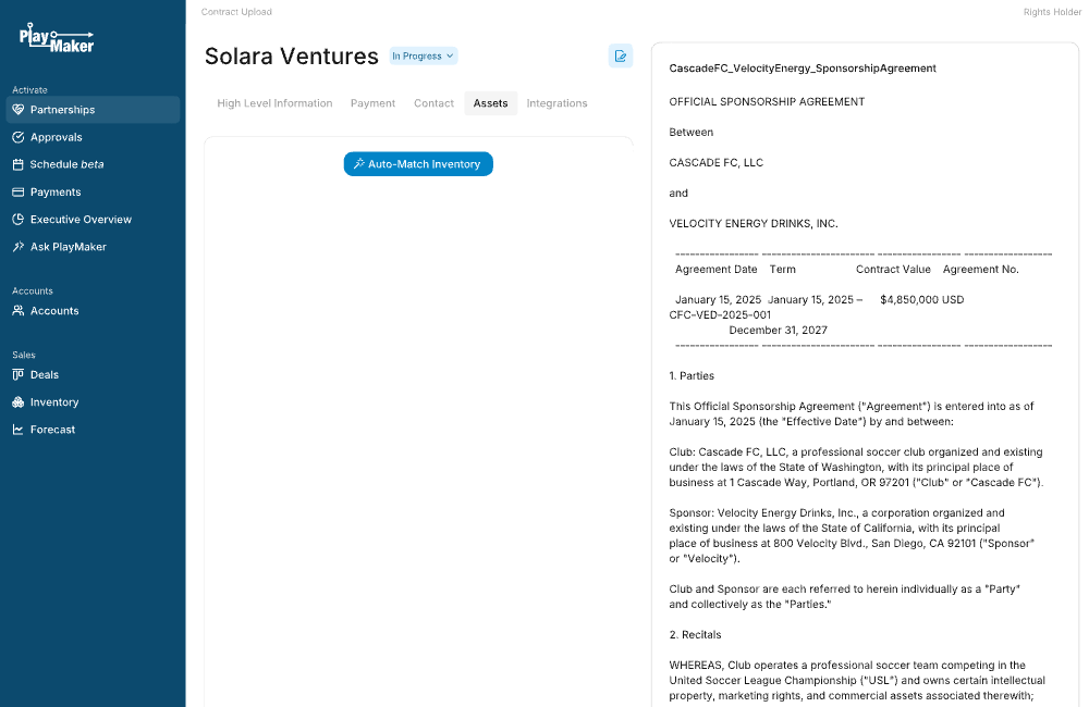 File upload interface showing a contract document being dragged over a dashed box labeled 'Drag and drop new contract here or click to select a file.'